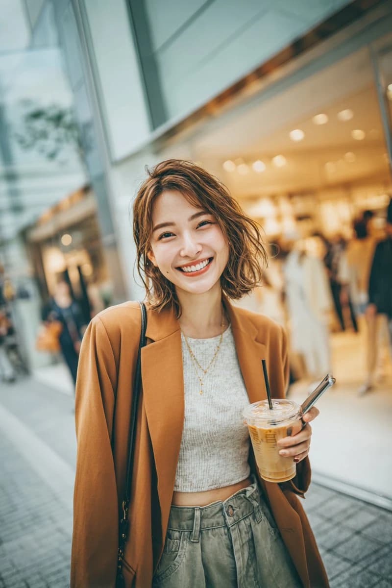 A smiling woman in a brown blazer holds a drink while standing in a shopping area.