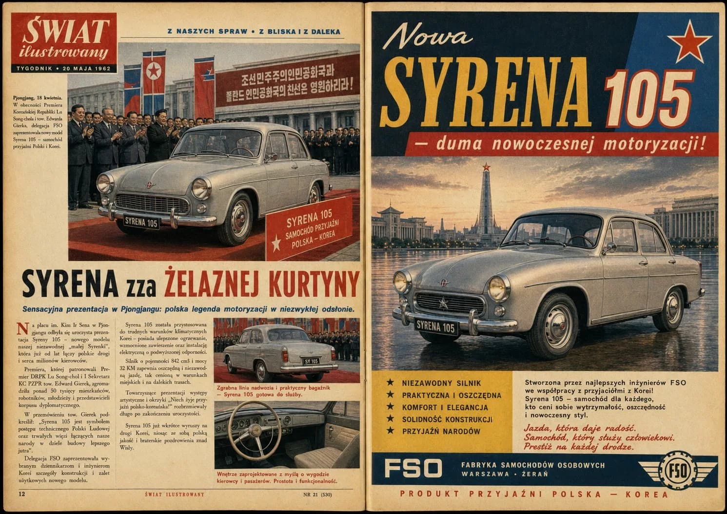 Polish PRL Era Magazine Spread with commercial product staging, campaign-style lighting and polished advertising layout