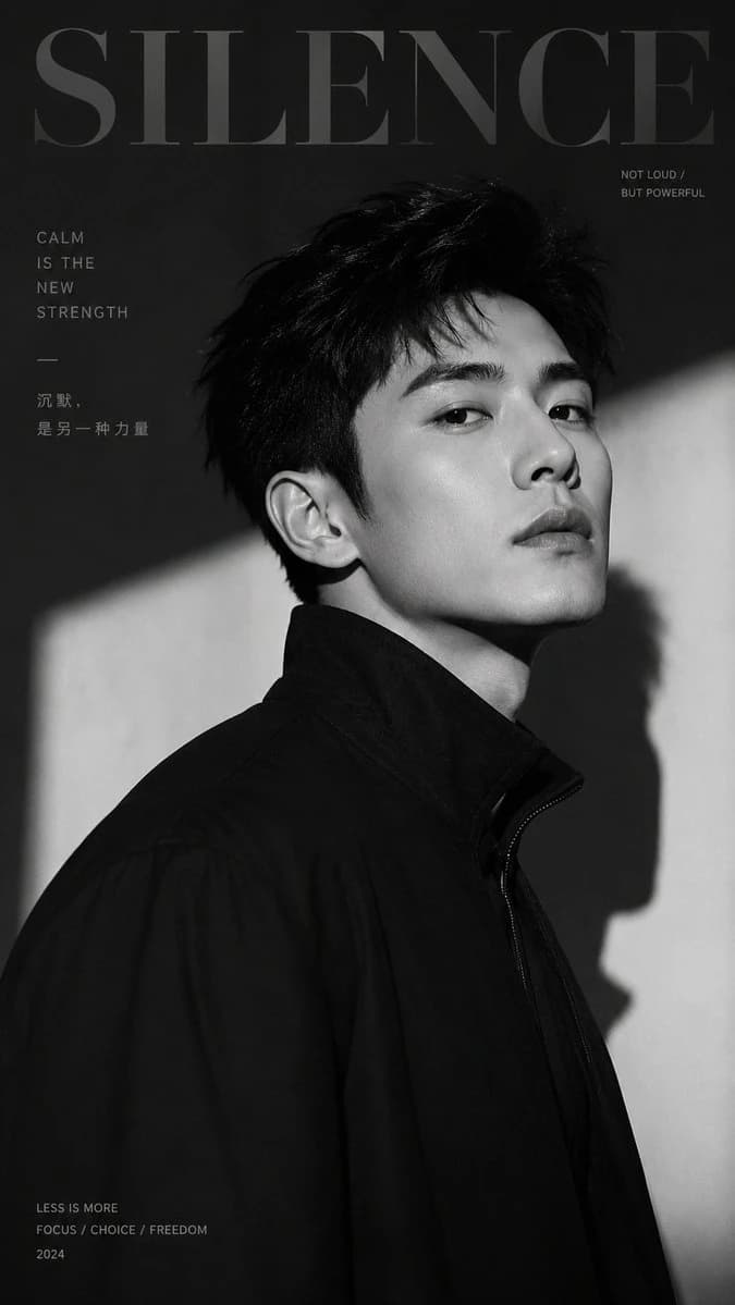 A confident young man in a black jacket poses in profile against a dramatic light and shadow backdrop, exuding modern sophistication