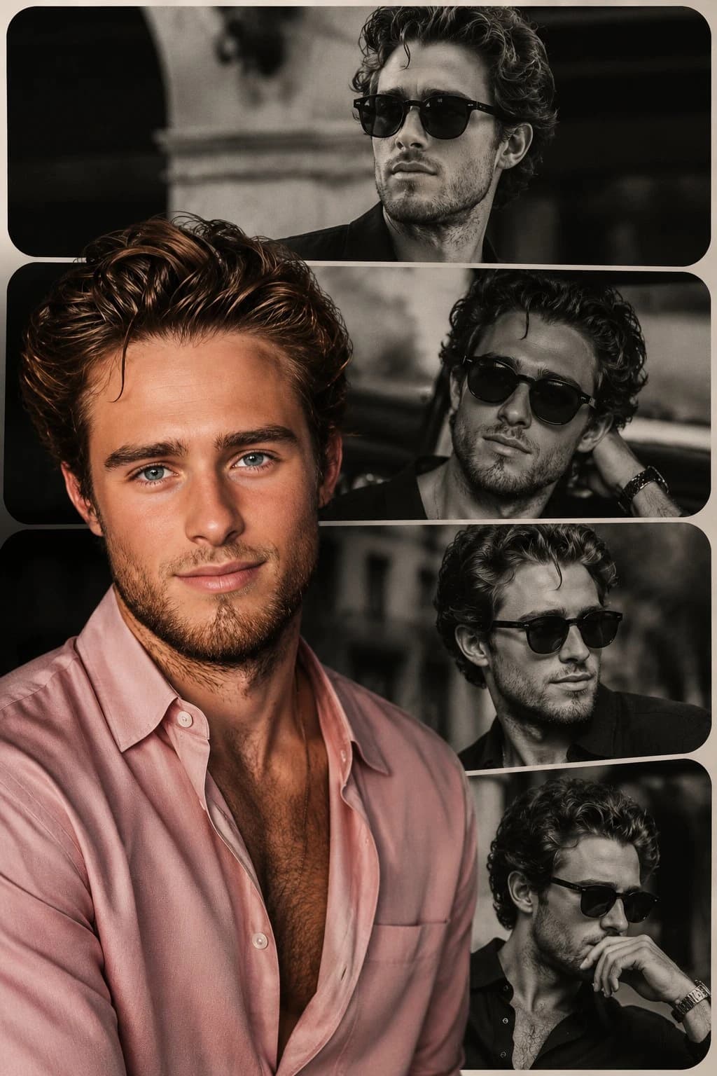 A high-end portrait collage features a curly-haired male model in dark sunglasses, with black-and-white film strips and a vibrant pink shirt cutout