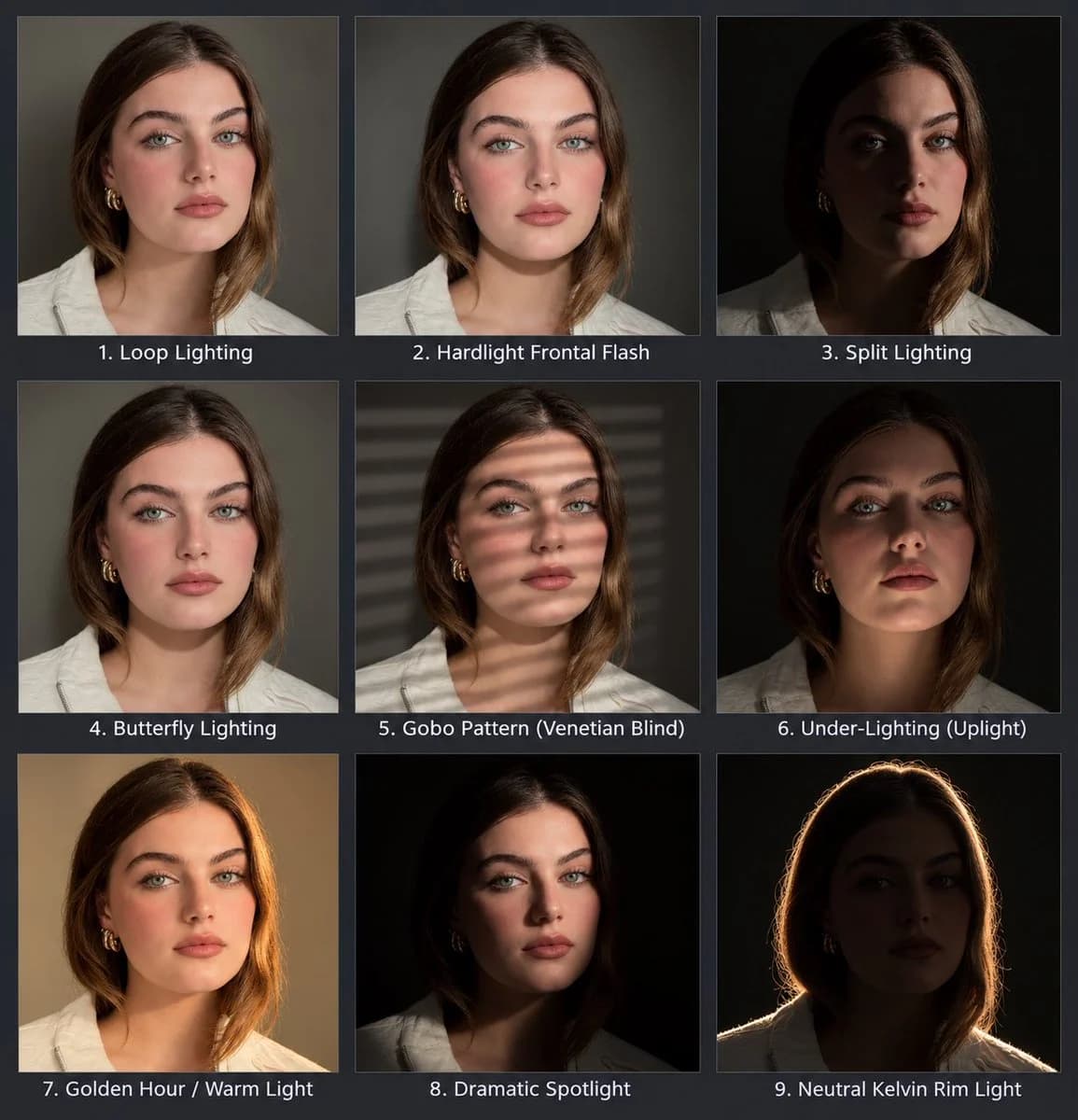 Portrait Lighting Study Grid with structured labels, readable hierarchy and presentation-ready information design