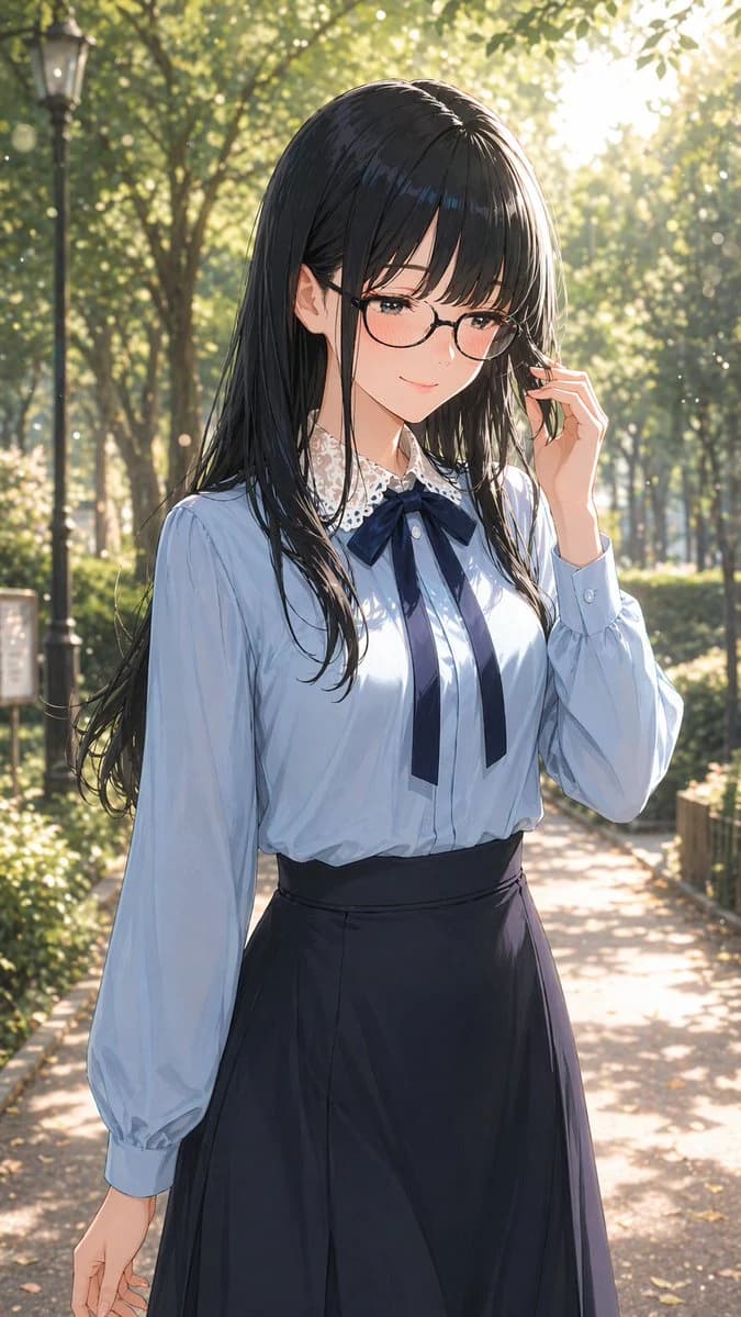 A gentle woman with glasses smiles softly while wearing a light blue blouse and a dark skirt in a sunlit park setting