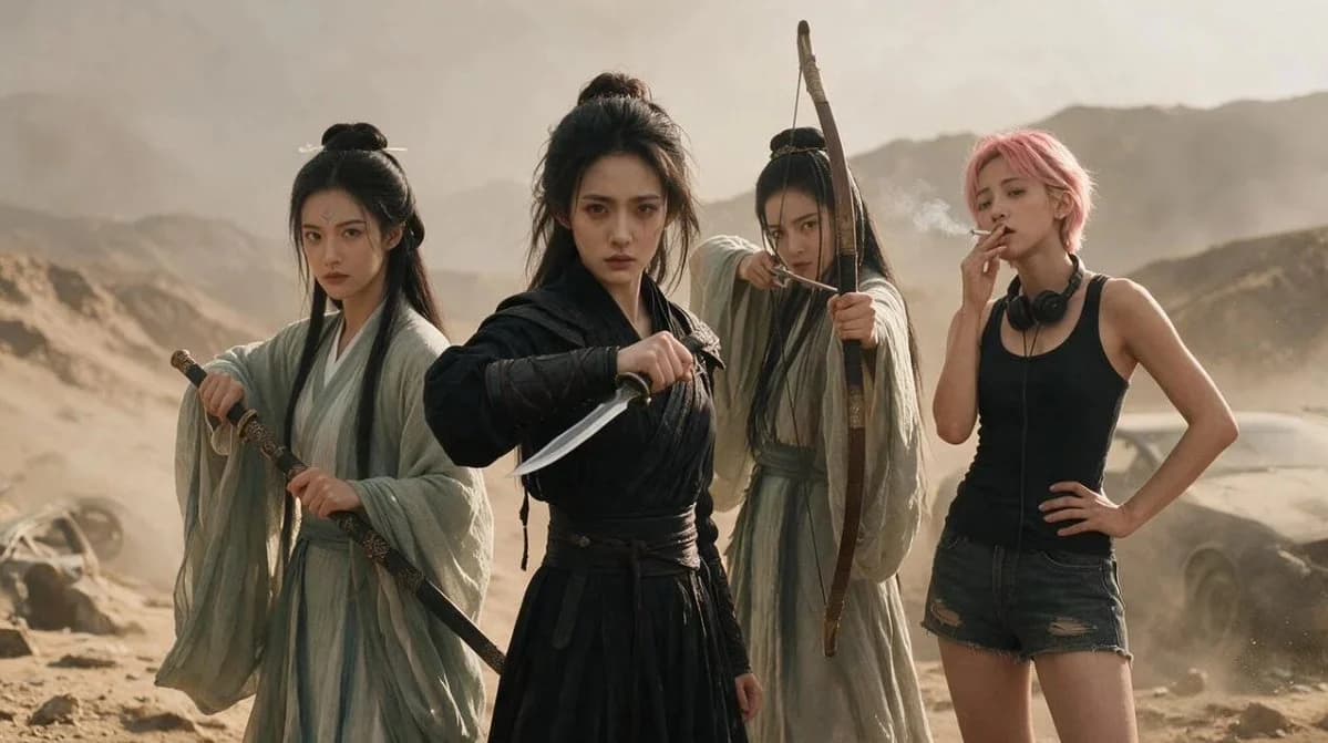 Post-Apocalyptic Wuxia Standoff with character-focused concept art, expressive styling and detailed illustration design