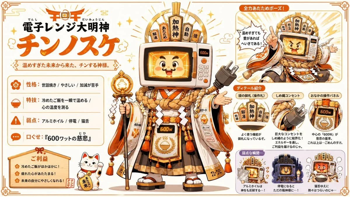 A cheerful microwave Shinto deity mascot fills a Japanese character sheet with orange shrine motifs and labeled callouts