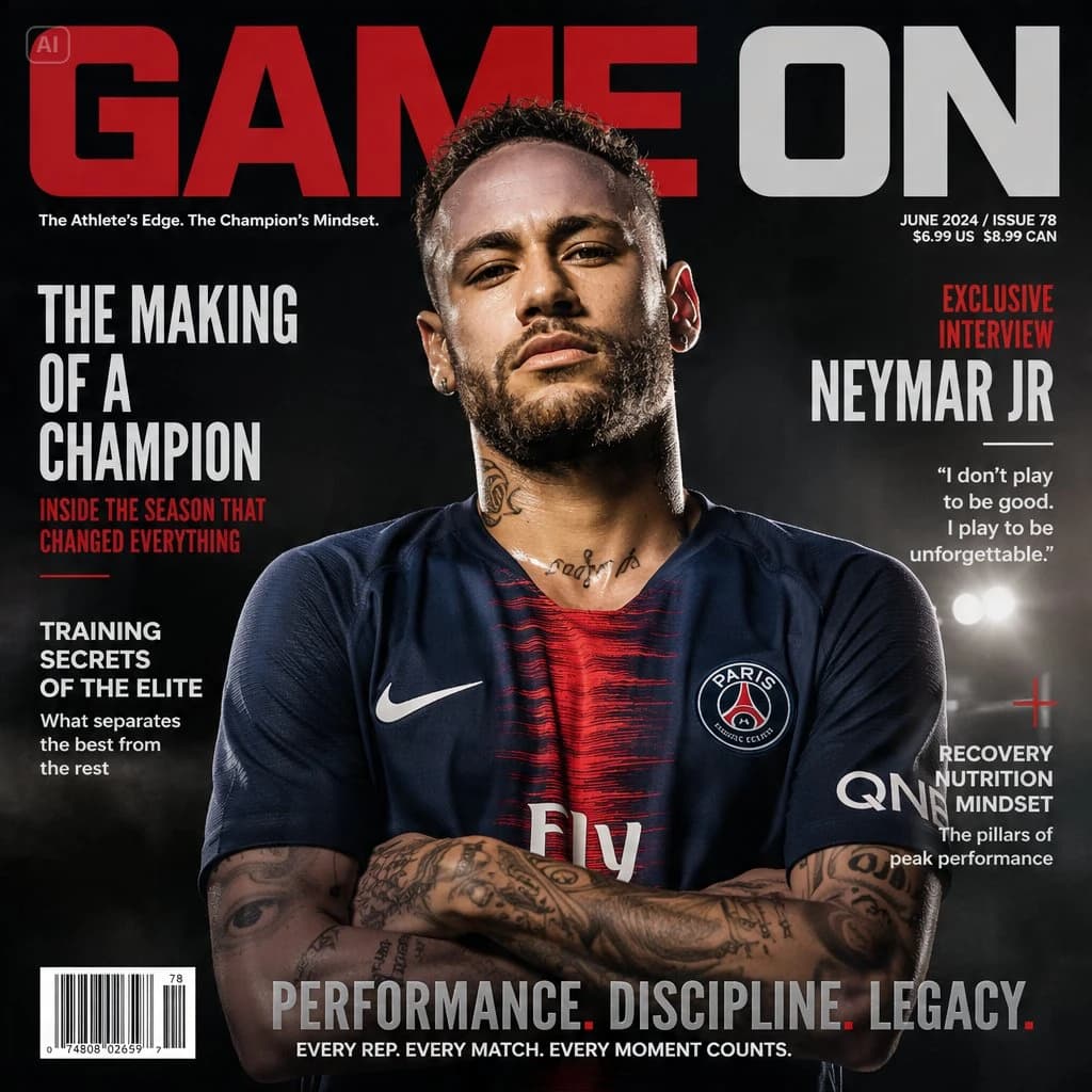 Premium sports magazine cover with a footballer portrait, Game On headline and bold editorial typography