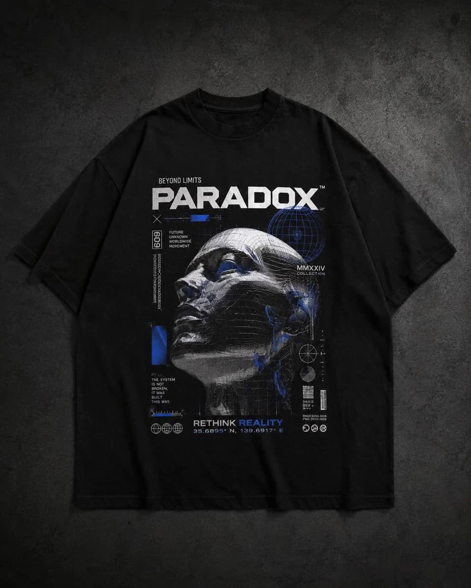 Premium streetwear graphic tee product mockup with bold apparel artwork, studio lighting and commercial catalog polish