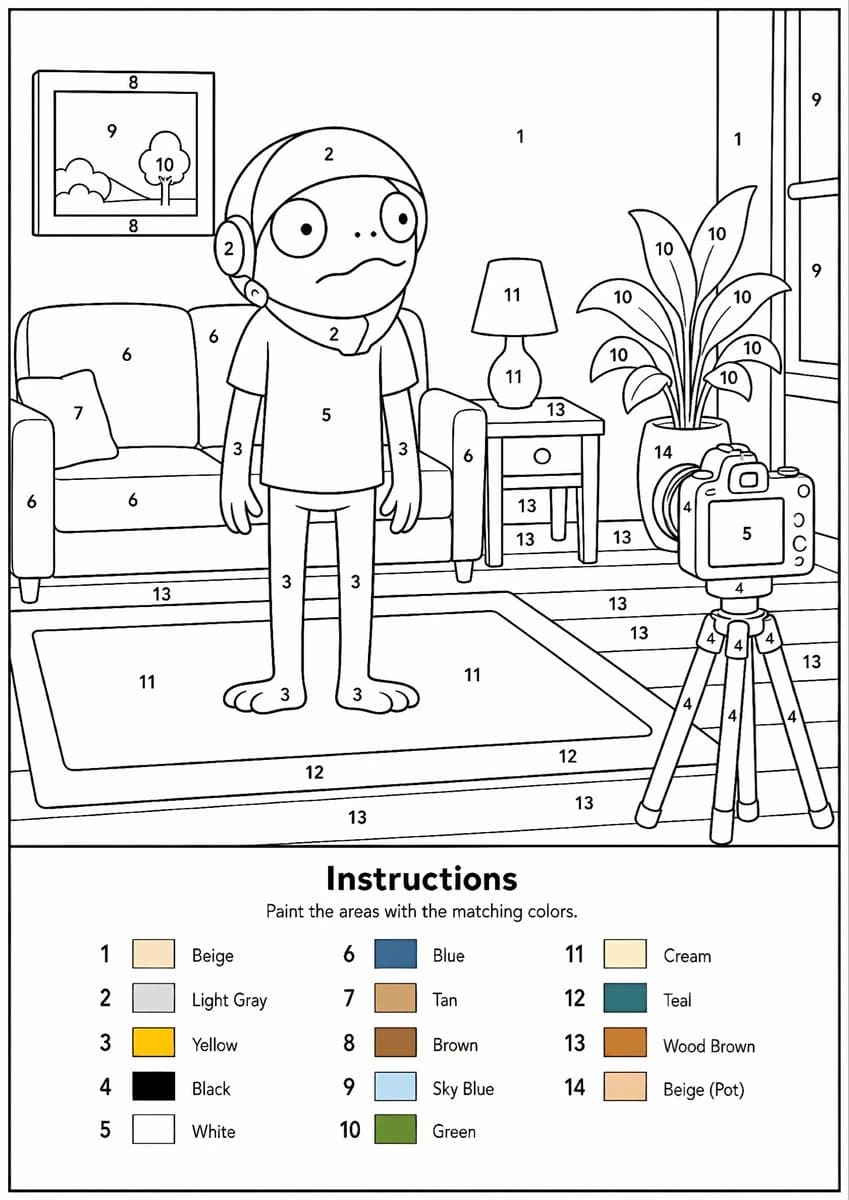 A black-and-white paint-by-numbers template features a cartoon character in a living room with numbered sections for coloring
