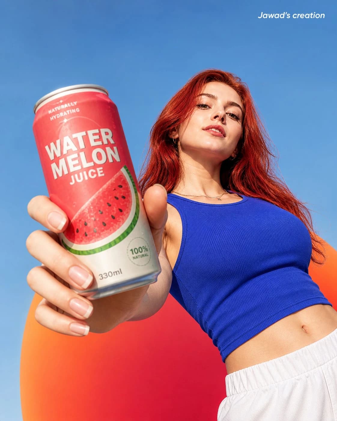 A confident young woman with vibrant red hair holds a watermelon juice can against a colorful gradient background, showcasing a summer vibe
