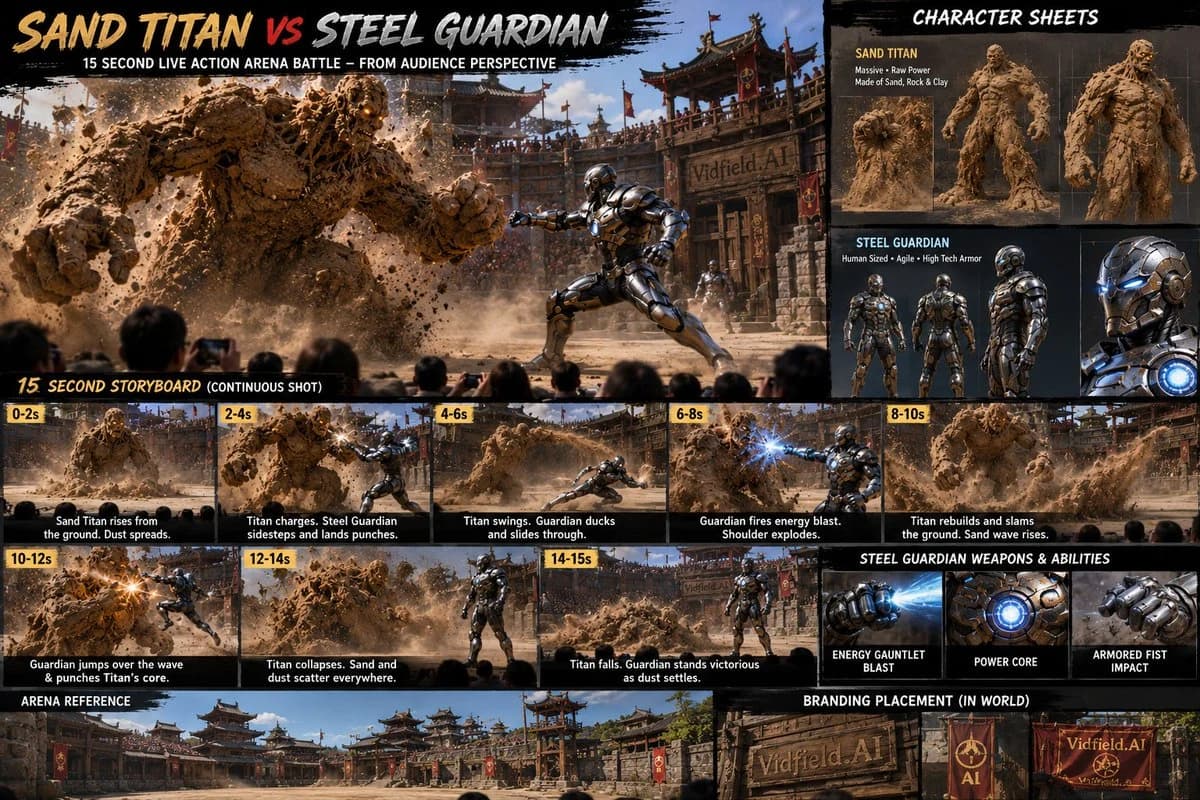 Pre-production character sheet with storyboard frames, pose references, design notes, and organized concept layout