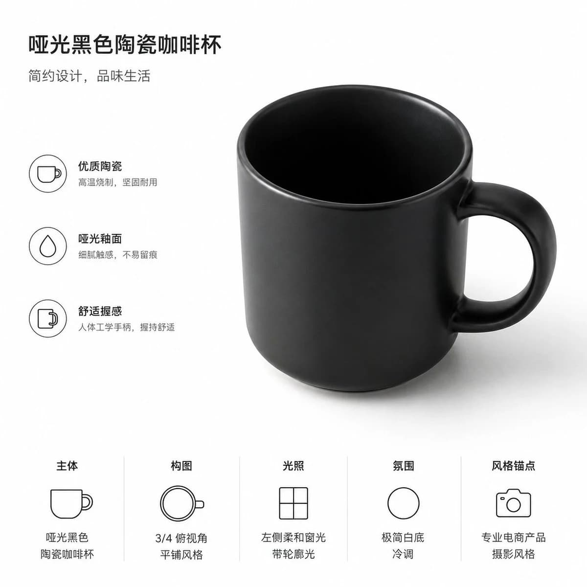 Professional product photograph of a matte black ceramic cup on a minimalist background with soft studio lighting.