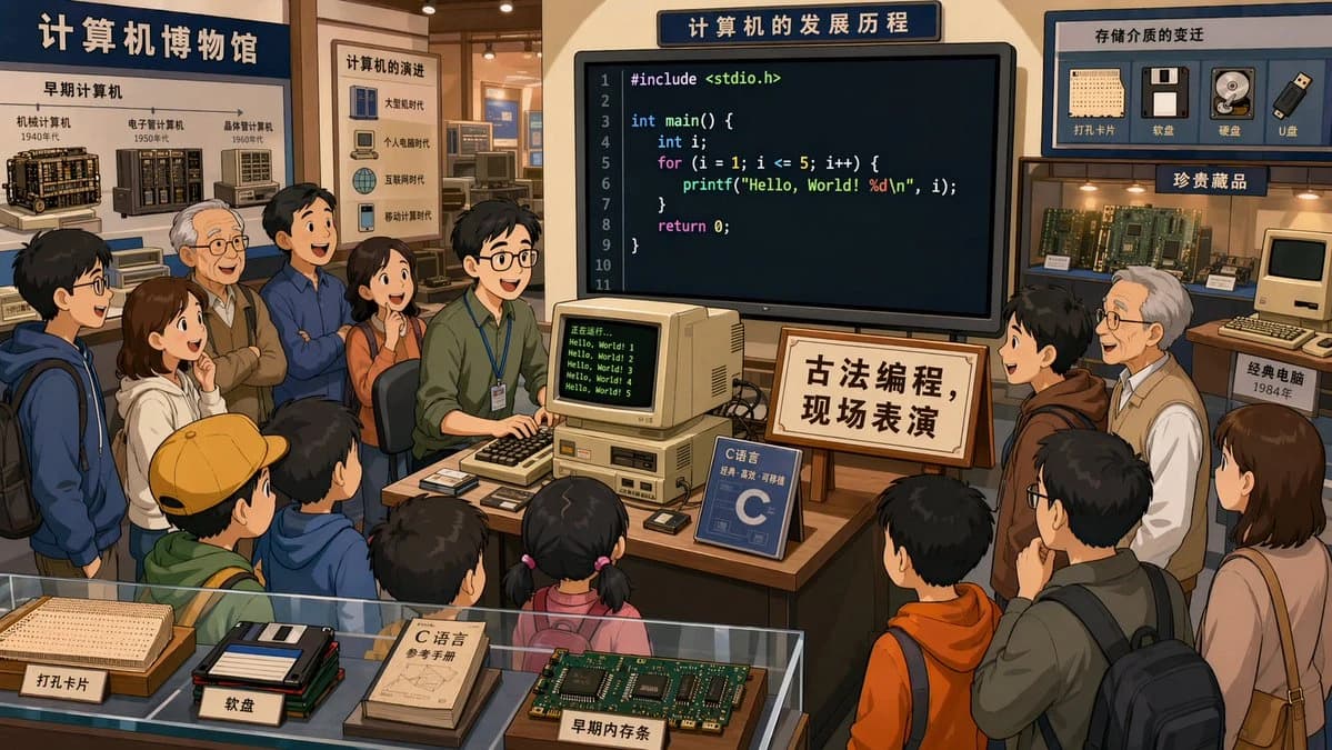 Cartoon scene of a programmer presenting to students inside a retro computer museum classroom