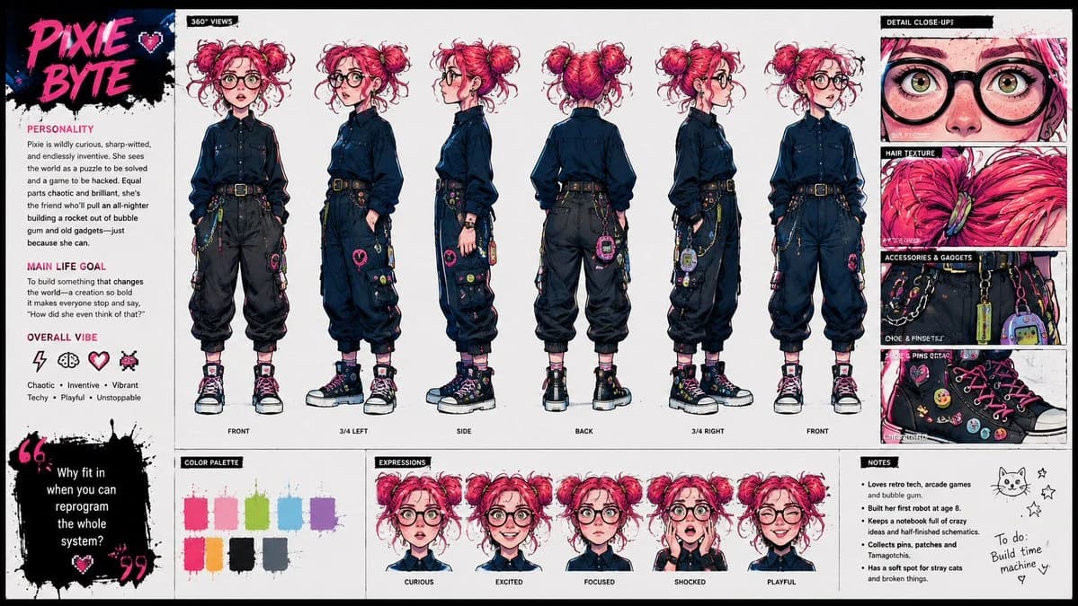 Punk Cartoon Character Sheet with detailed character design, storyboard structure and dramatic illustration depth