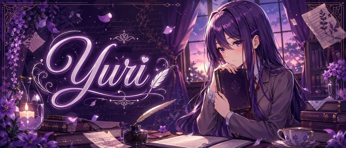 A teenage anime girl with deep violet hair sits at a wooden desk in a twilight literary room, holding a dark book and gazing introspectively