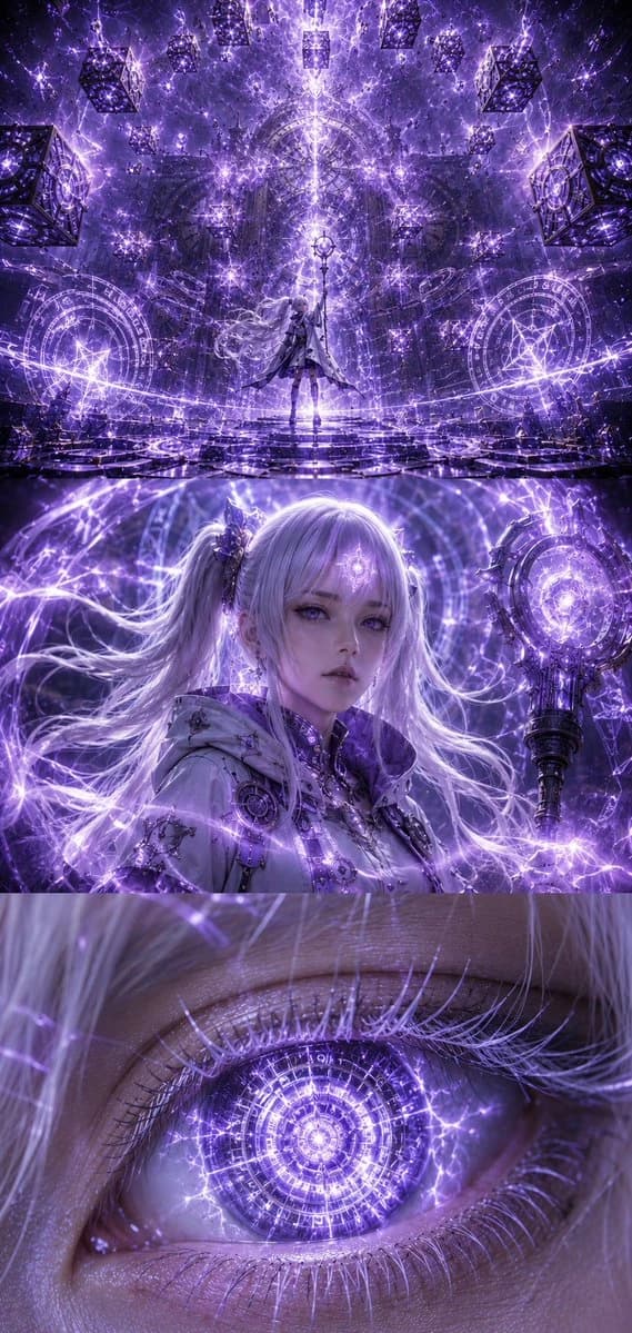 Three-panel purple mechanical goddess triptych with temple energy, character close-up and glowing eye detail