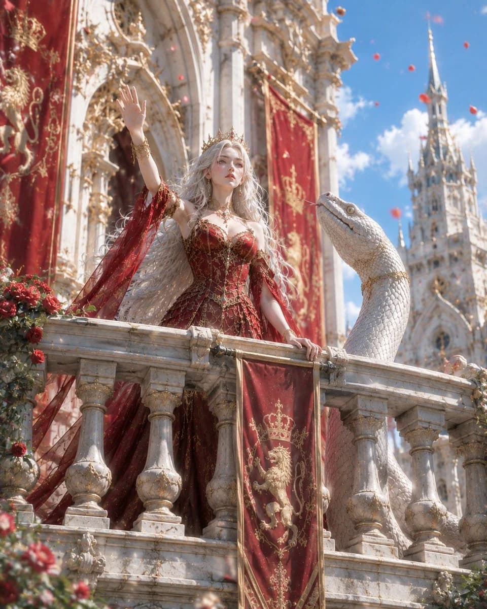 Queen and Serpent Fantasy Balcony with sequential storytelling, expressive character design and cinematic panel composition