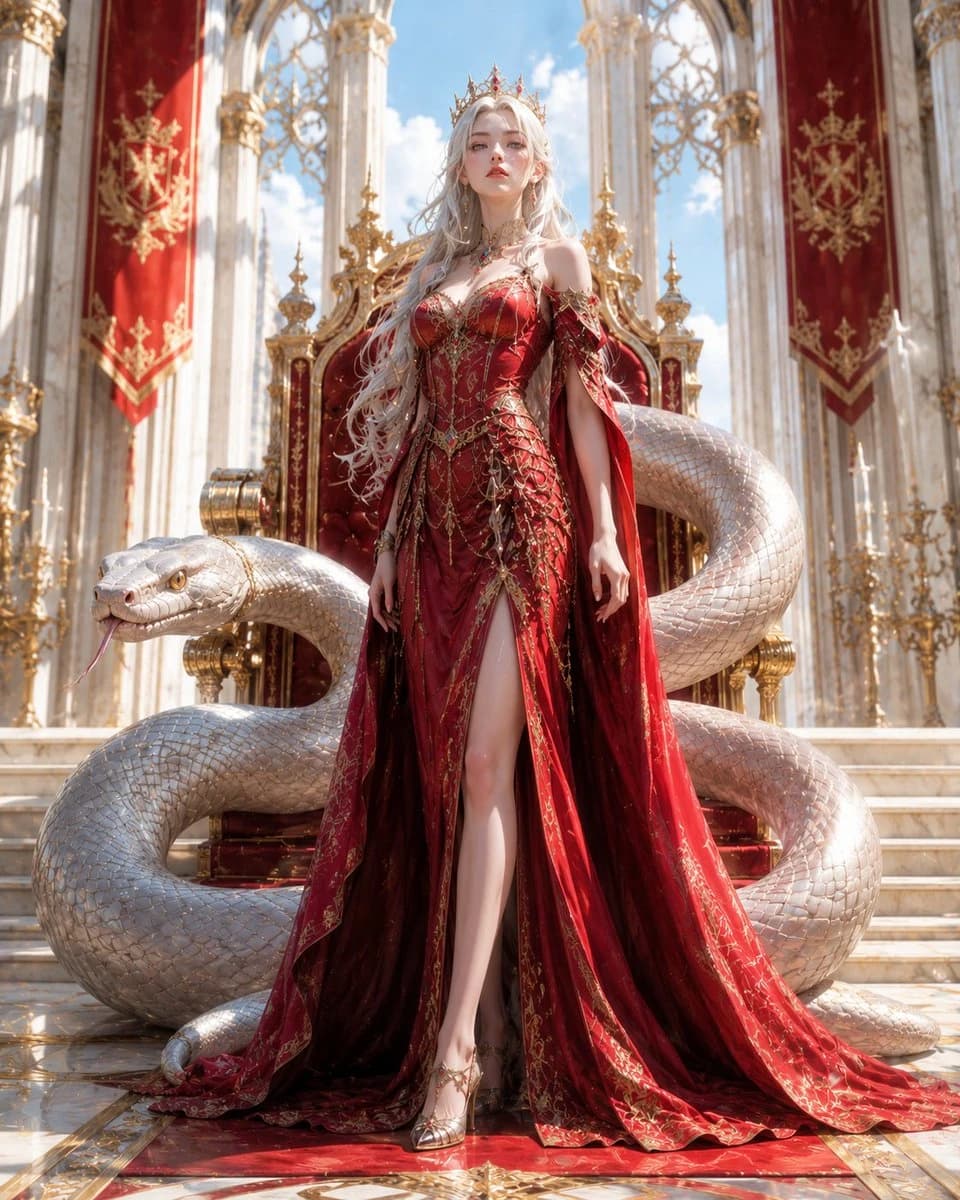 Fantasy queen in a red gown standing before a palace with a giant serpent coiled behind her