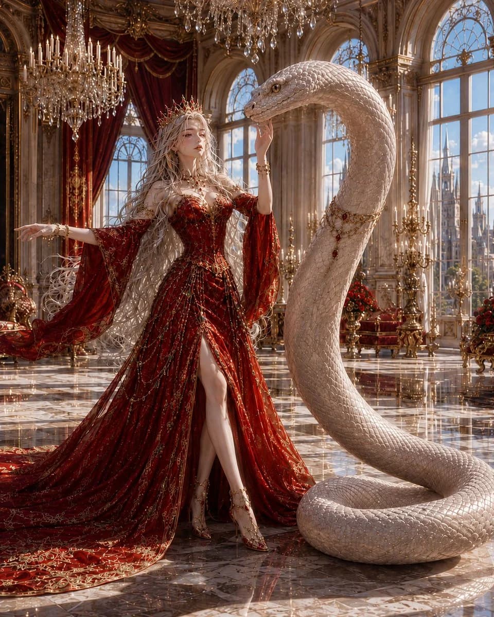 Regal queen portrait with a coiled snake and ornate dark fantasy styling