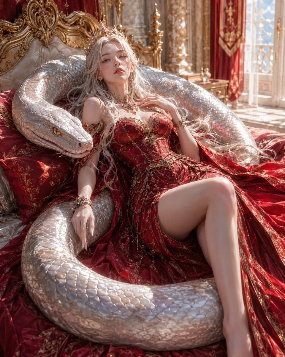Queen Reclining With Silver Serpent with a scroll-ready composition, expressive subject and cinematic social post styling