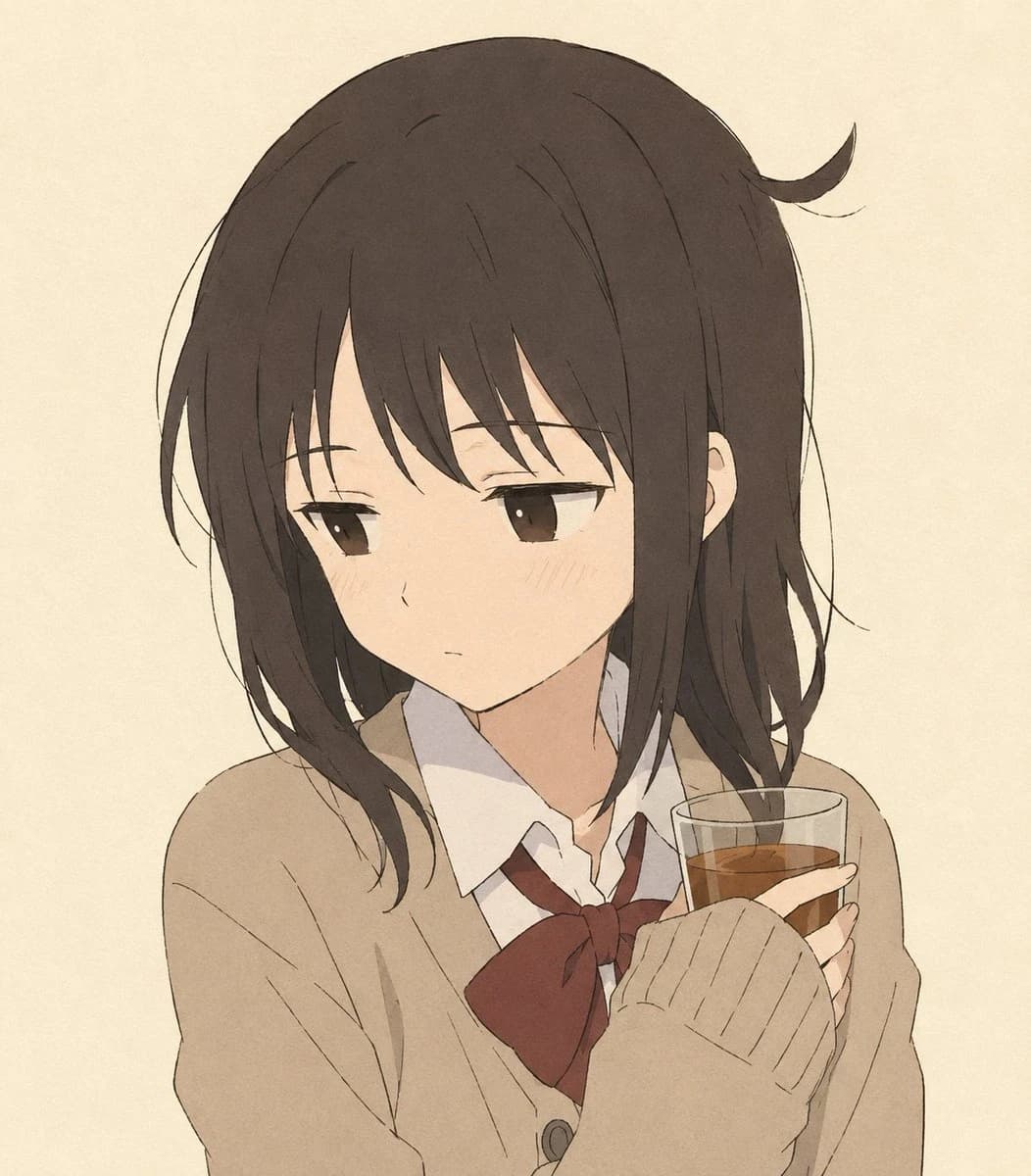 Quiet anime schoolgirl holding a checked teacup with a soft beige classroom-inspired palette