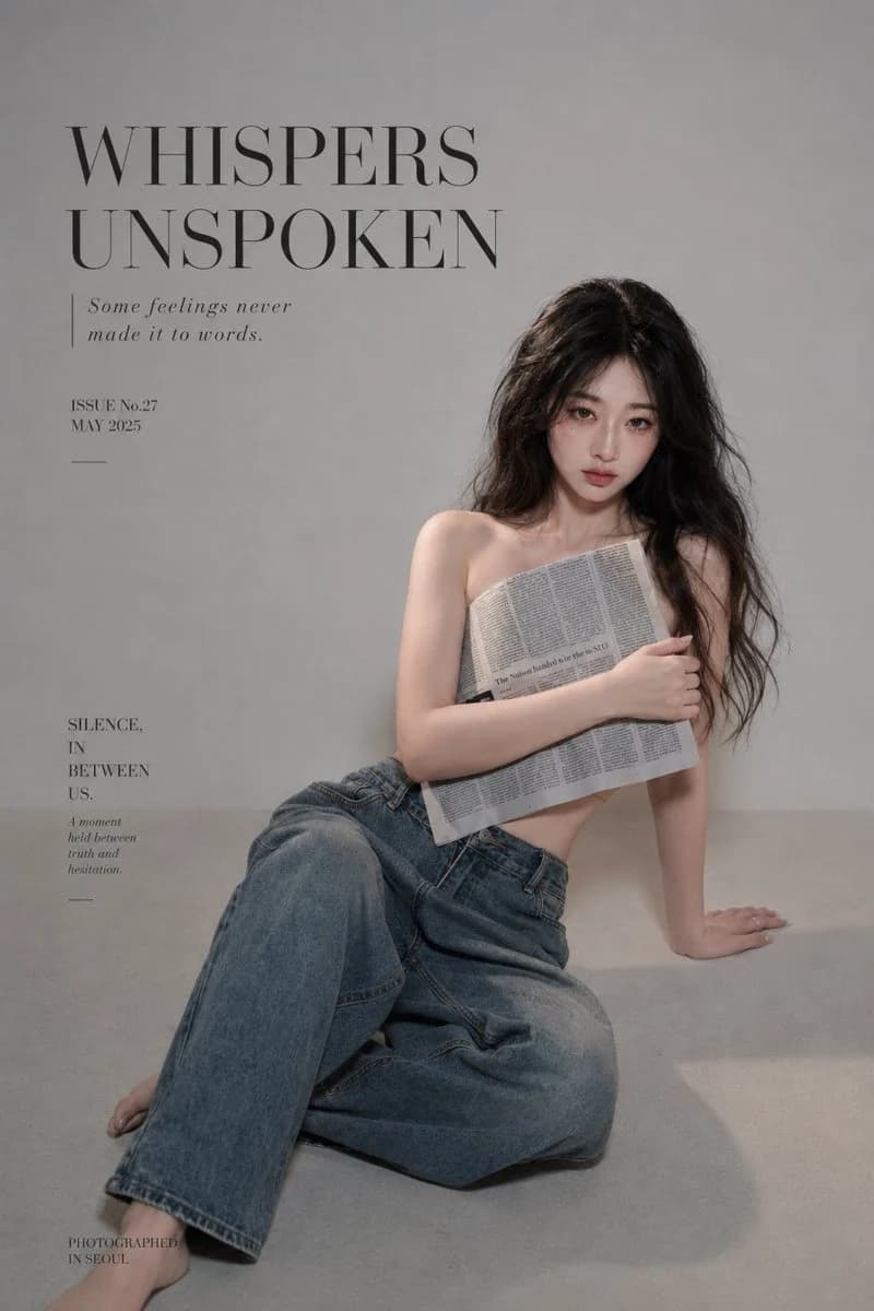 Quiet newspaper fashion cover with editorial portrait, restrained typography, and understated magazine styling
