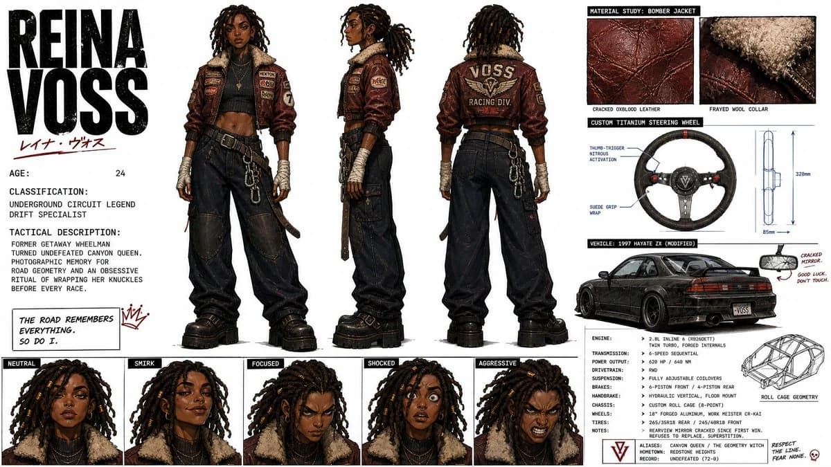 GPT Image 2 prompt example showing a racing character model sheet with turnaround poses, expressions, and gear callouts