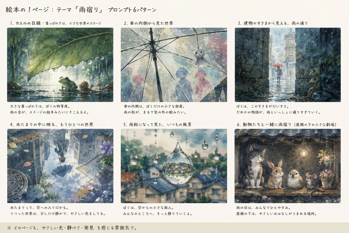 Picture-book layout with six soft rain-shelter scenes and Japanese notes arranged in a clean grid