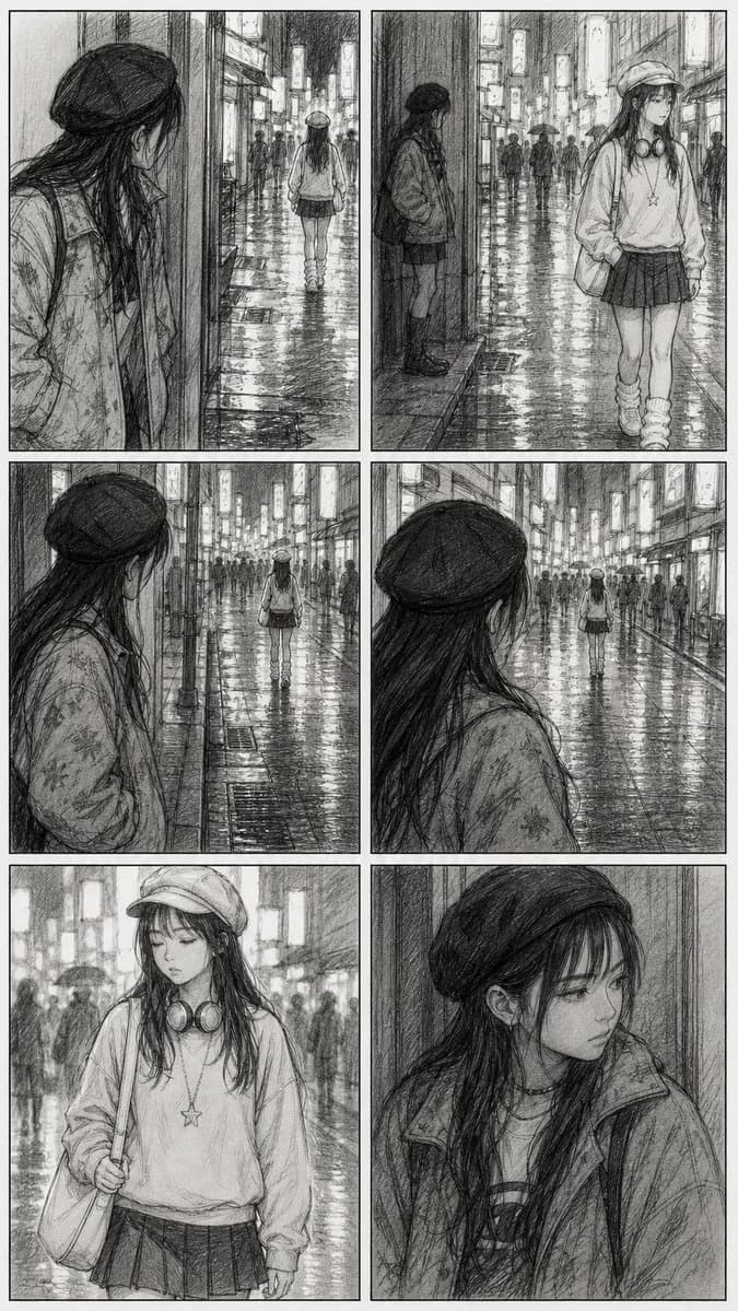 Black-and-white manga storyboard of a rainy city scene with umbrellas, tall panels and expressive close-ups