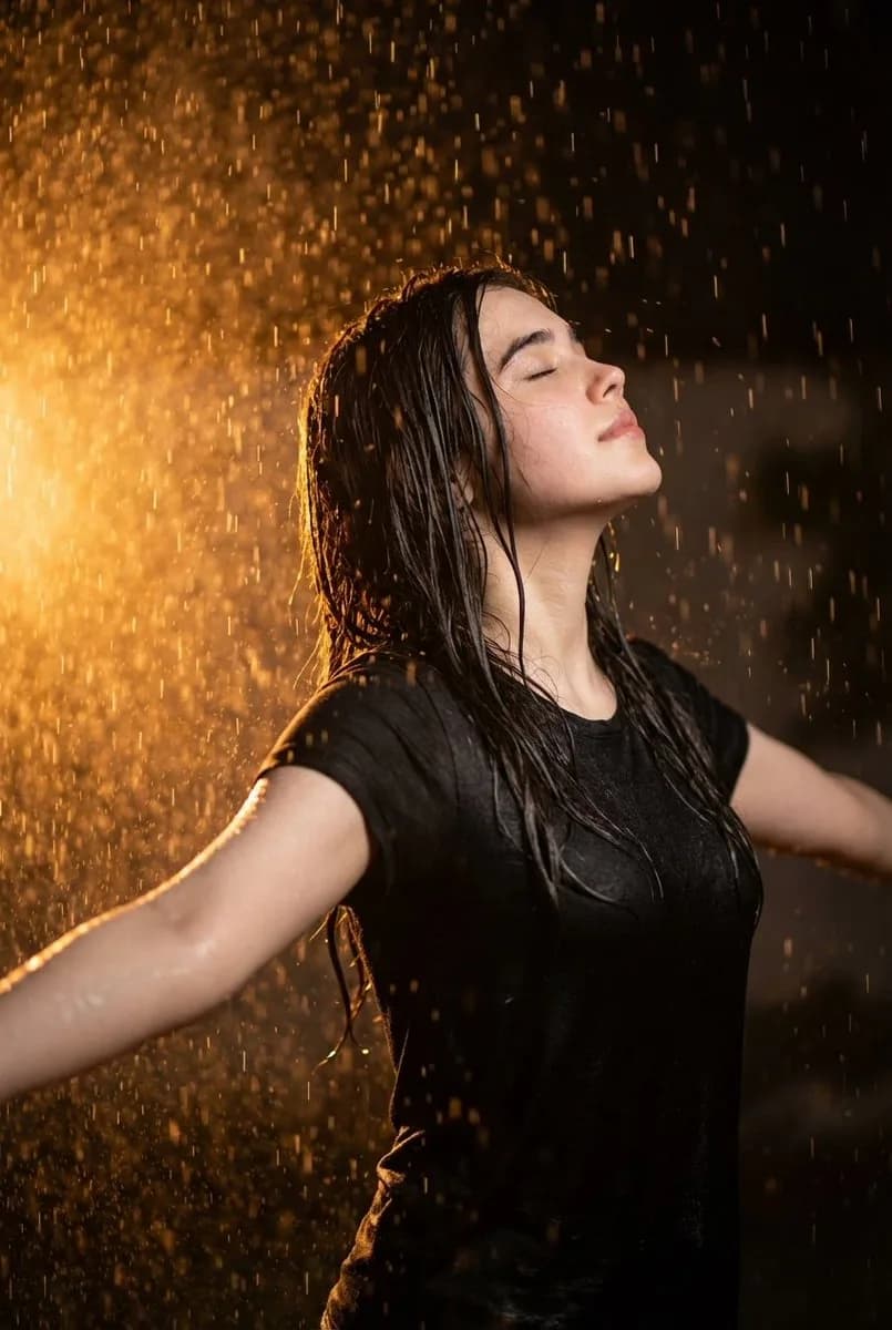 Rainy Night Cinematic Portrait showing an editorial portrait subject with styled wardrobe, lighting and background detail