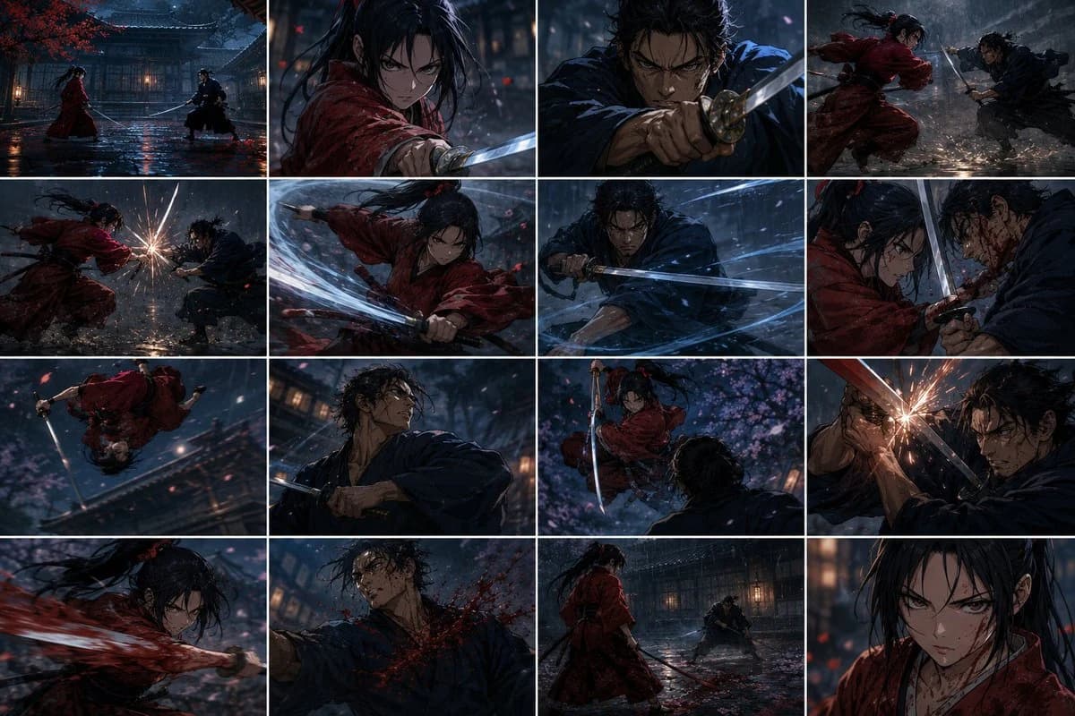 Rainy samurai duel storyboard with sequential action panels, dramatic weather, and cinematic anime composition