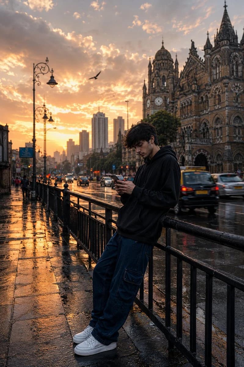 A young man in a black hoodie leans against a railing on a rainy Mumbai street, illuminated by warm golden hour light and historic architecture