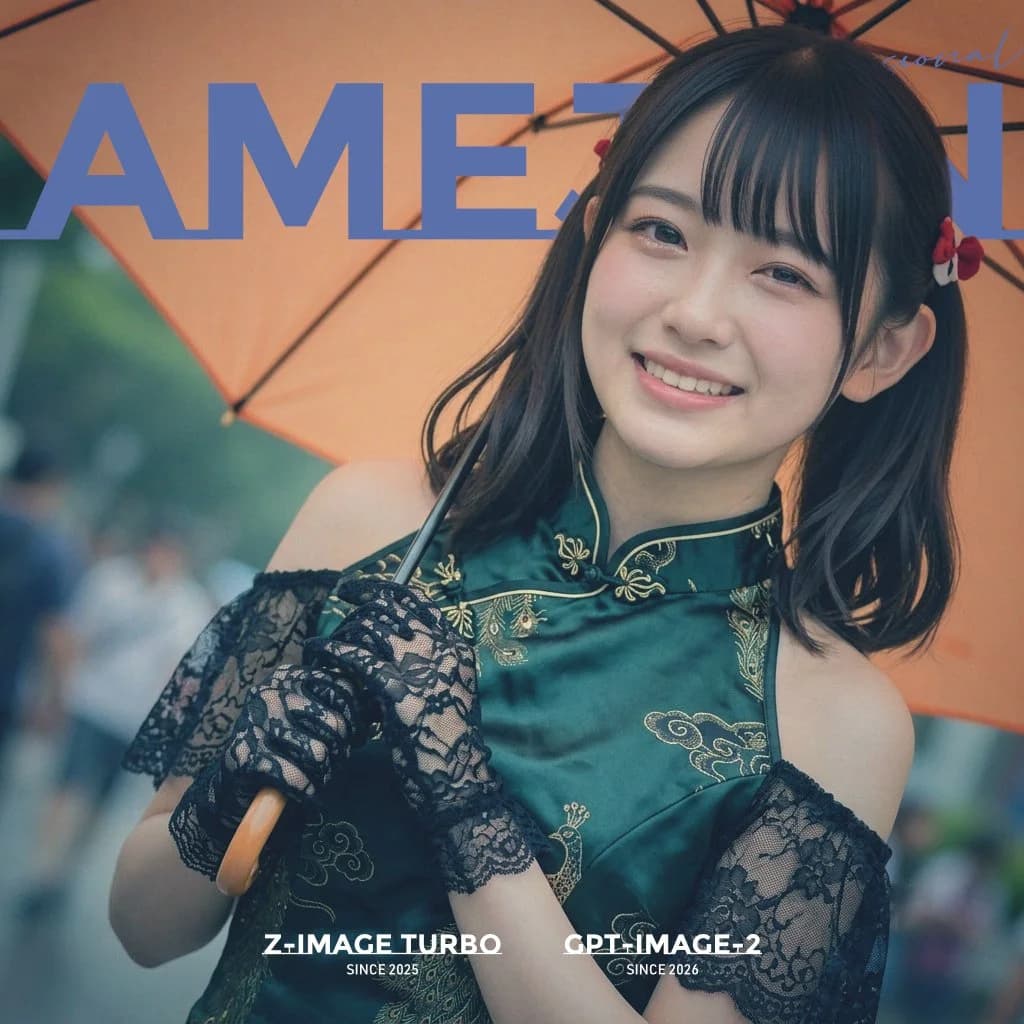 Smiling young woman in an emerald qipao holding an orange umbrella on a rainy fashion magazine cover with cinematic editorial lighting