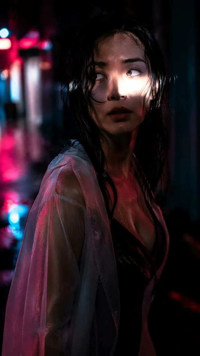 Moody urban noir portrait on a rain-soaked city street at night