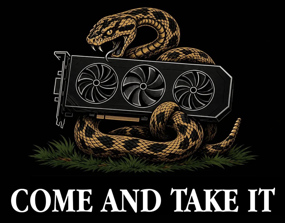 Vintage flag-style rattlesnake graphic wrapped around a triple-fan GPU with high-contrast screen-print texture and bold slogan text