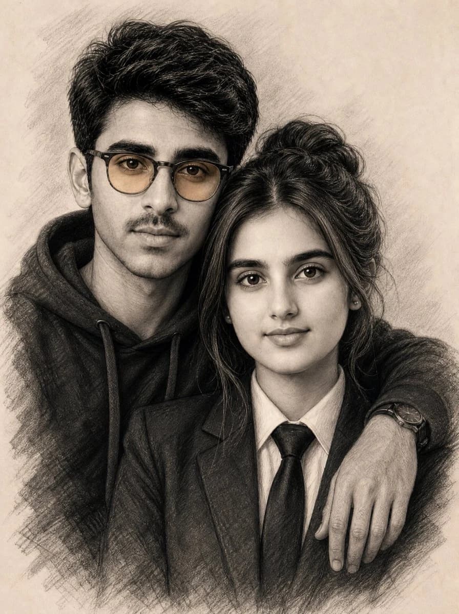 Realistic Charcoal Sketch Couple Portrait portrait visual