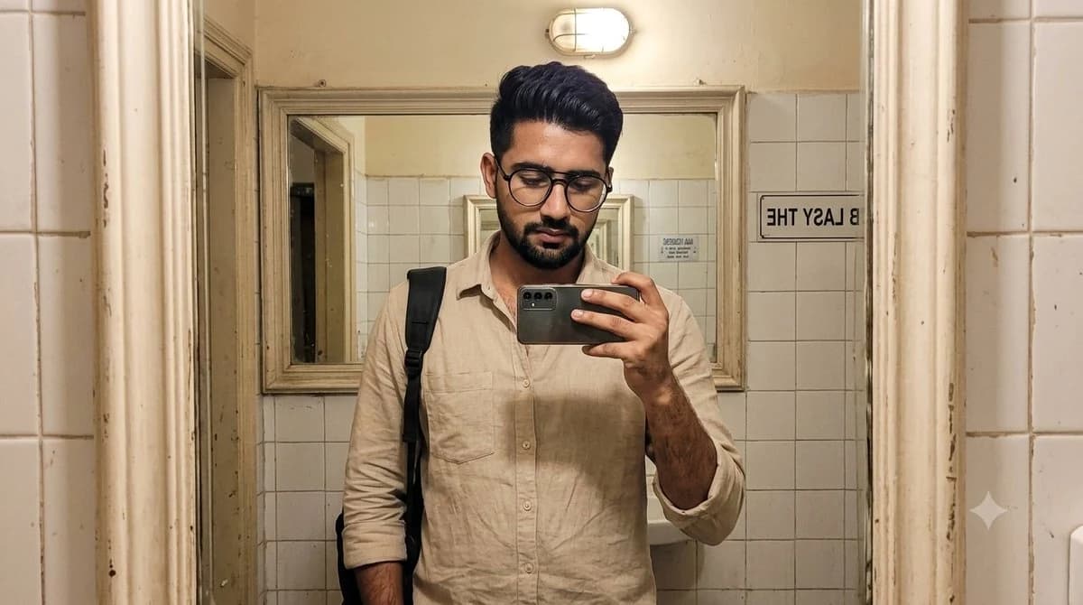 Realistic mirror selfie of an Indian man with natural indoor lighting, casual styling, and smartphone-photo framing.