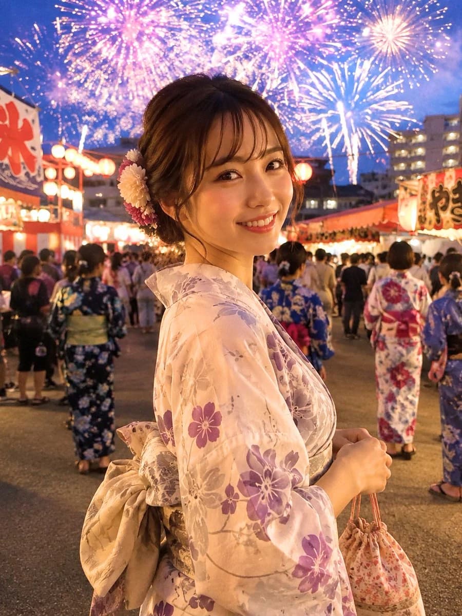 Realistic Japanese fireworks festival portrait with summer yukata styling, evening lights, and candid waist-up framing.