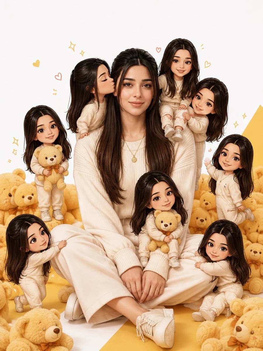 A realistic seated person surrounded by miniature chibi versions, with playful scale contrast and natural photo styling