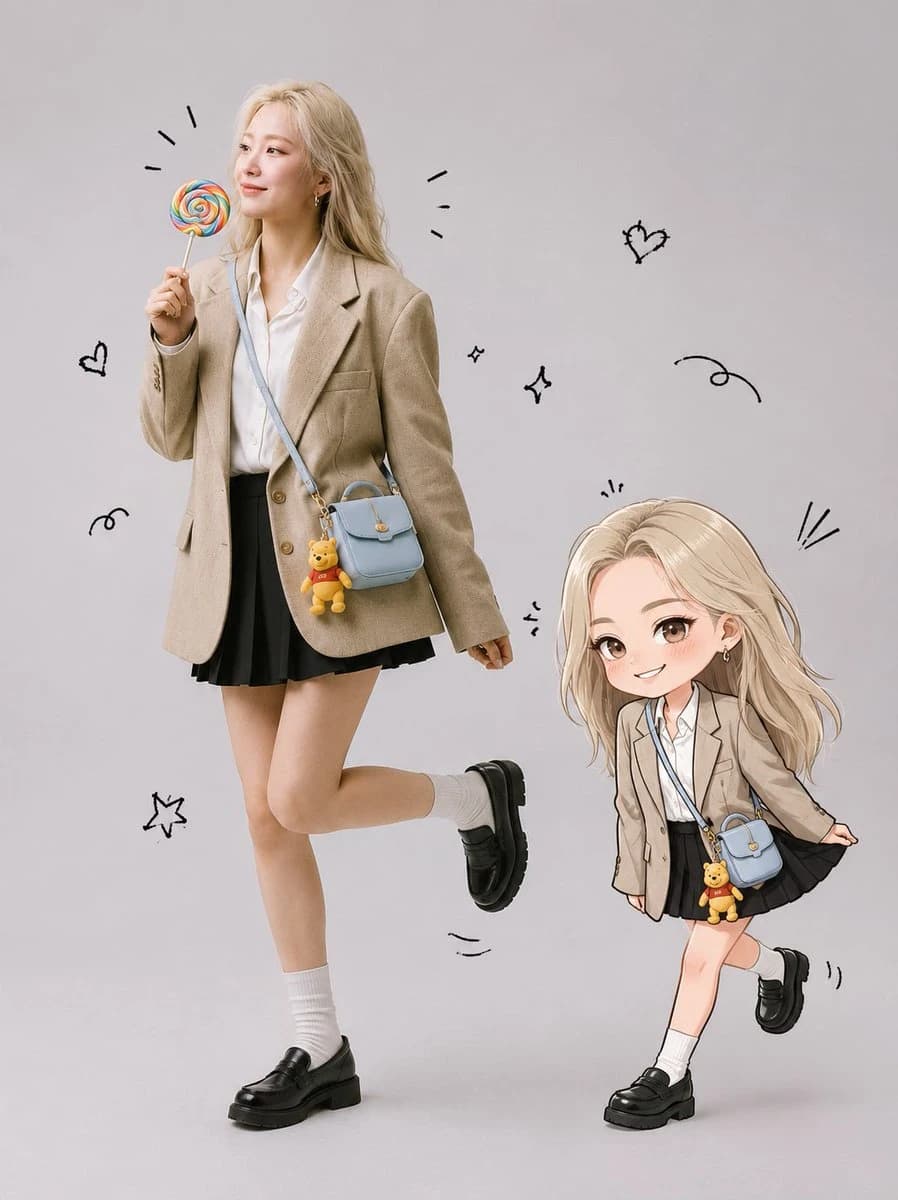 Realistic blonde woman standing beside a matching chibi mini character on a clean studio background