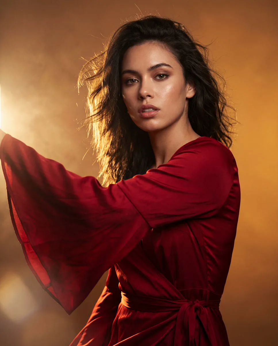 Fashion editorial portrait of a woman in a flowing red bell-sleeve dress with warm gold rim lighting