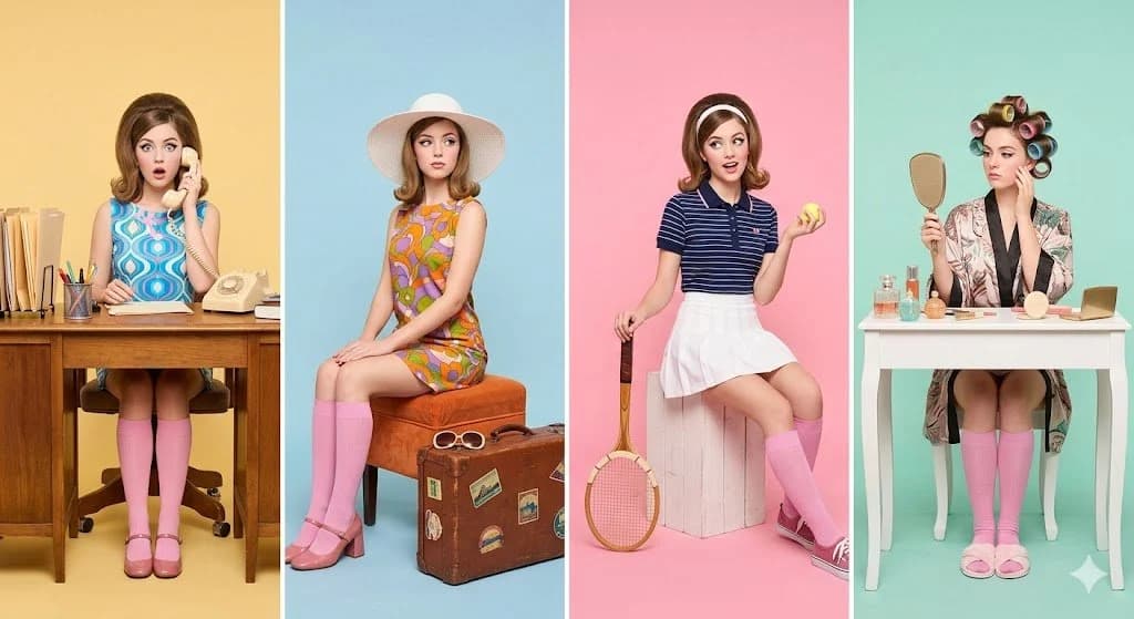 Retro 1960s fashion editorial grid with one woman styled as four characters on pastel backdrops