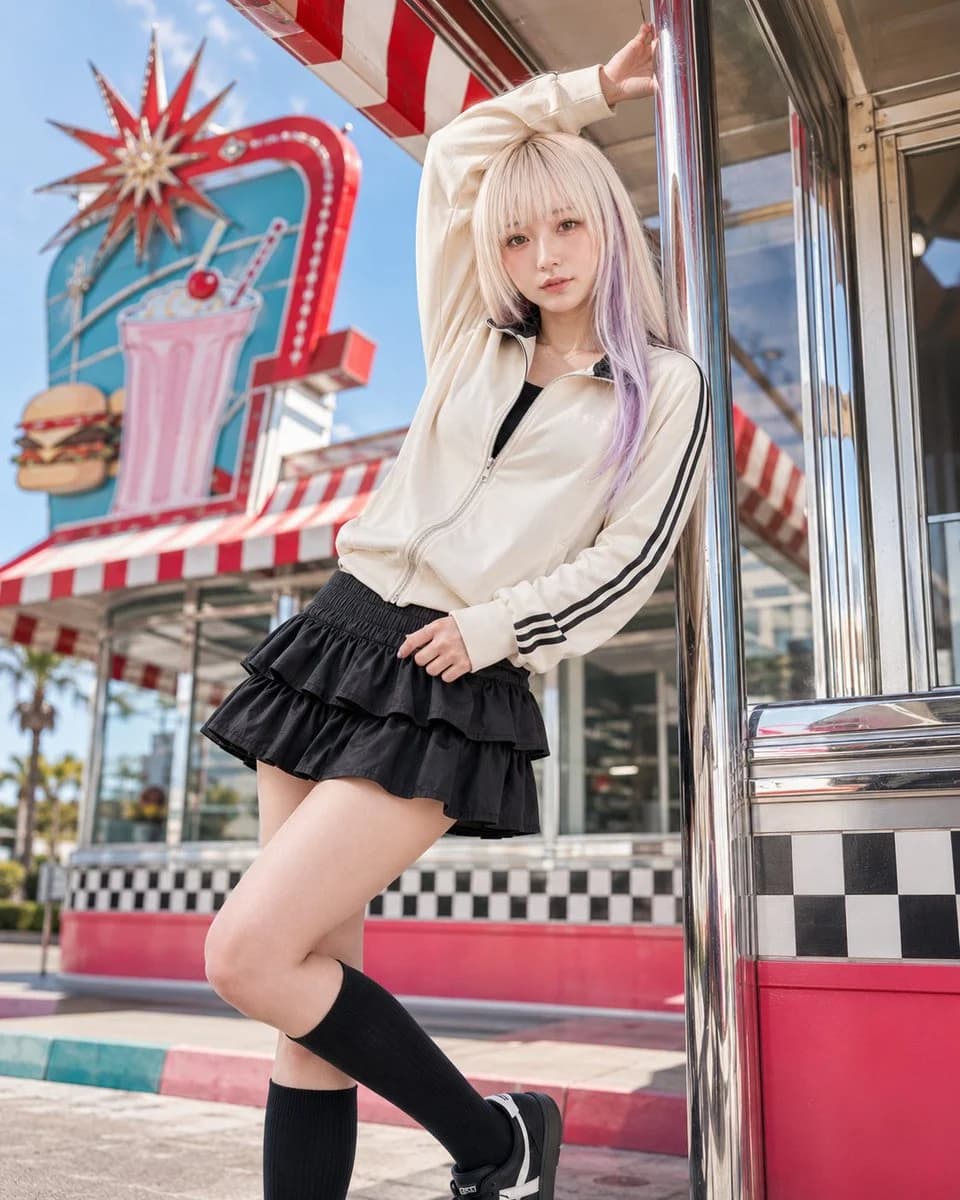 High-fashion model posed outside a colorful retro American diner with chrome details