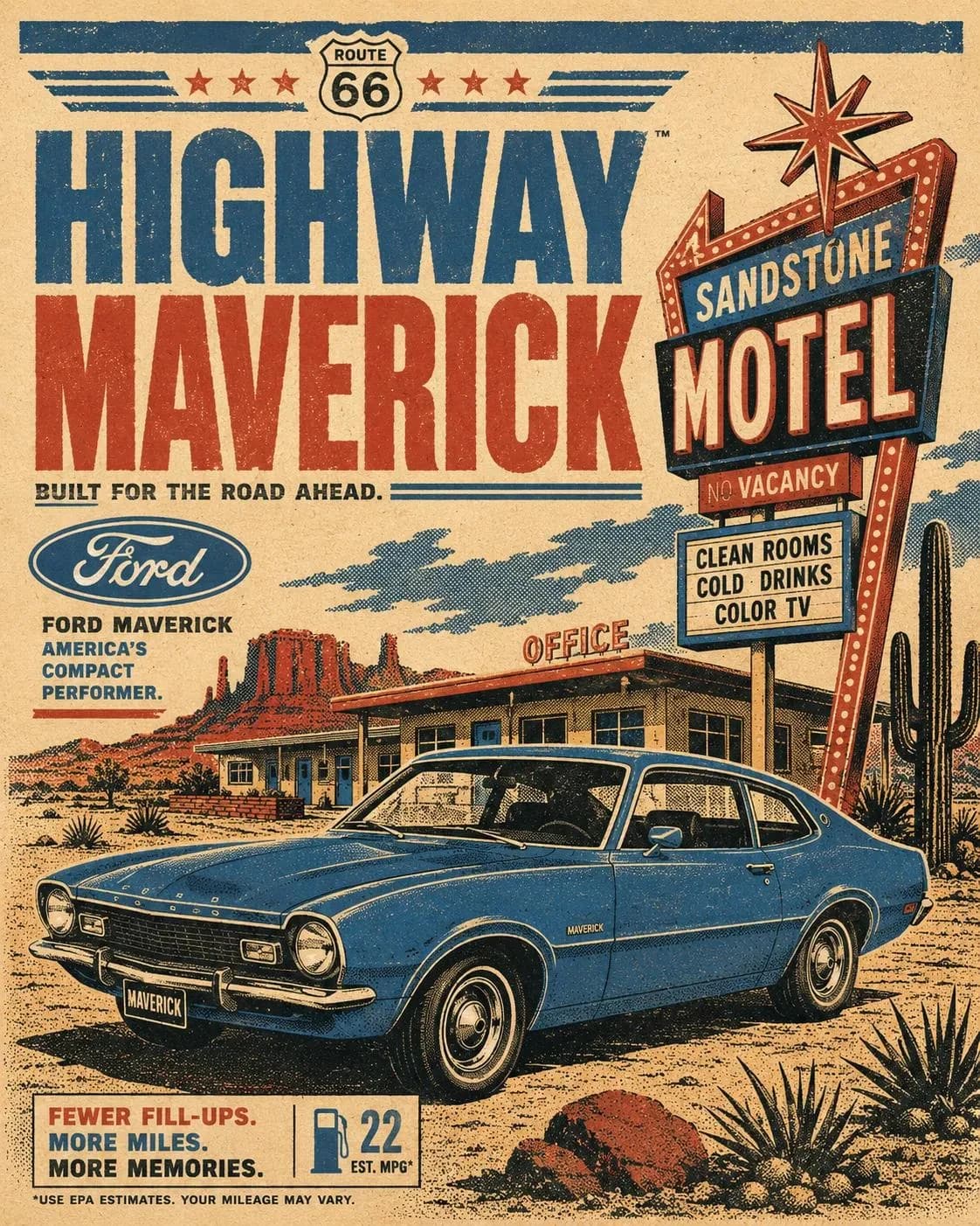 GPT Image 2 prompt example showing a retro Highway Maverick automotive travel poster with vintage typography and a blue car