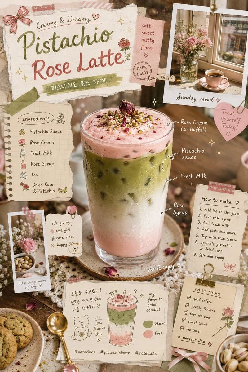A layered pistachio rose latte is showcased with whimsical doodles, pastel tones, and cozy cafe elements in a scrapbook-style composition