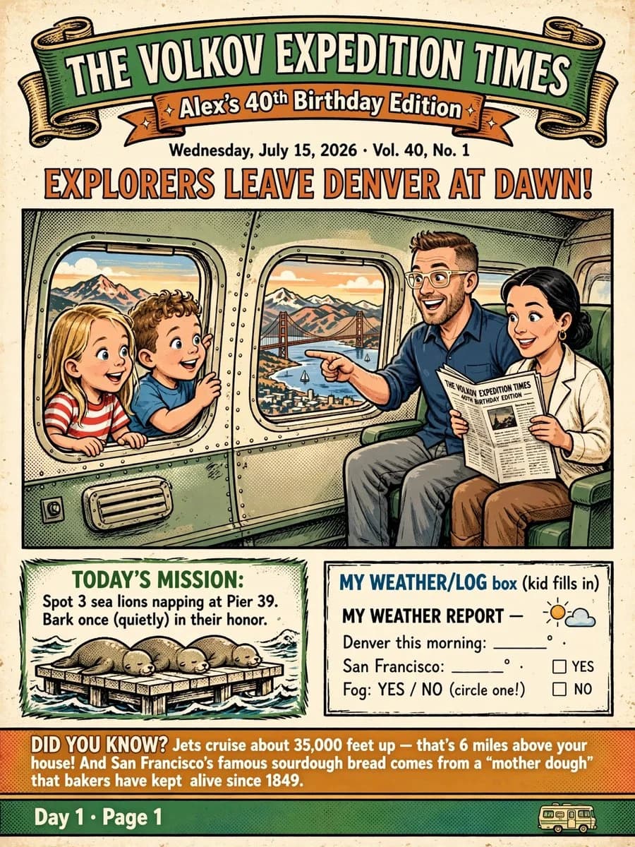 Retro Family Expedition Newspaper with bold poster composition, readable typography and finished campaign key art