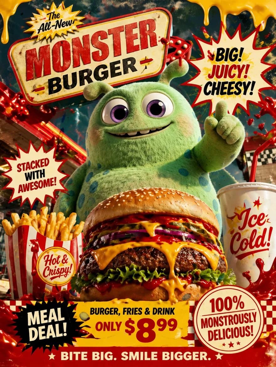 Retro fast food poster ad with illustrated meal styling, vintage colors, and bold commercial headline layout
