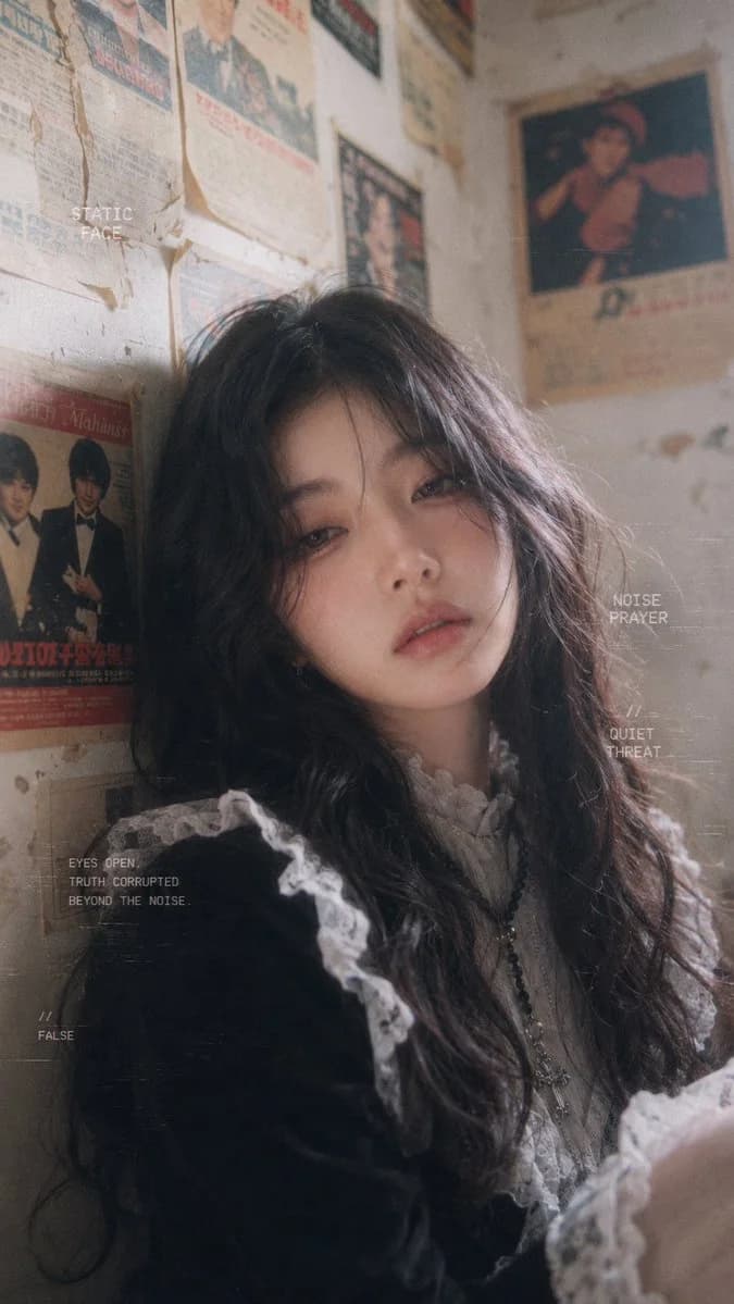 A young woman with long black wavy hair and pale skin leans against a wall adorned with vintage posters, wearing a gothic lolita outfit.