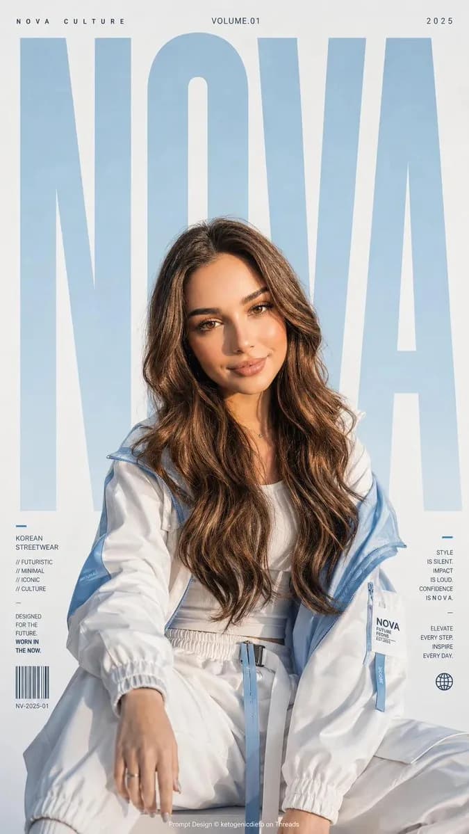 Retro pop poster shows a fashion portrait overlapping oversized pale blue typography in a clean magazine-style layout