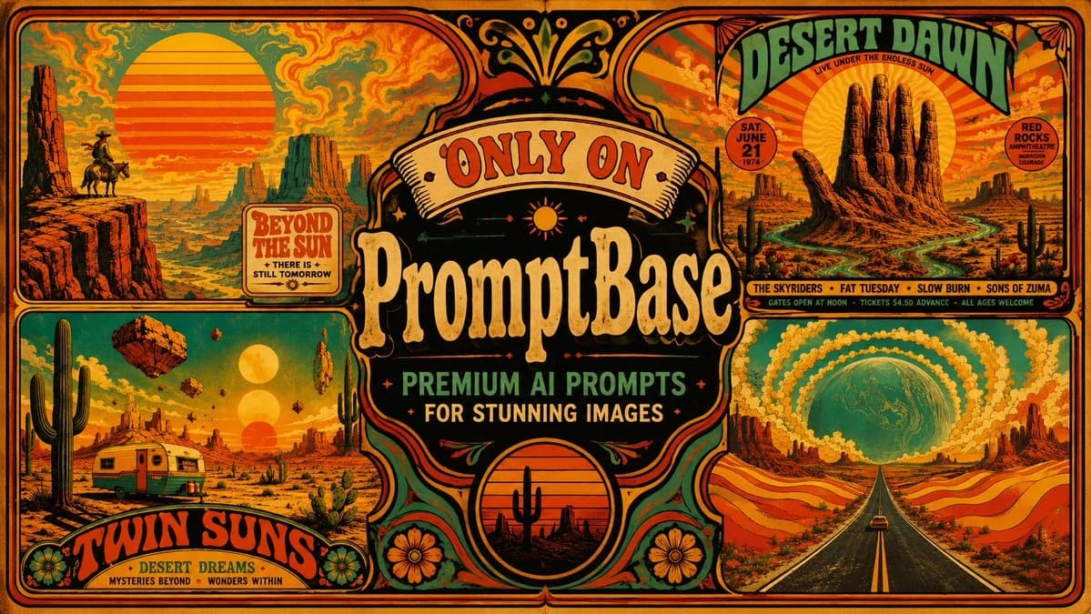 Retro psychedelic desert advertising poster with Southwest collage scenes, vintage typography, and warm aged-print texture.