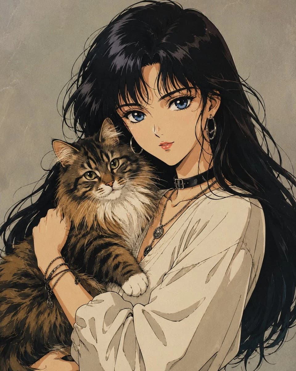 Retro Shoujo Anime Girl with Cat portrait visual