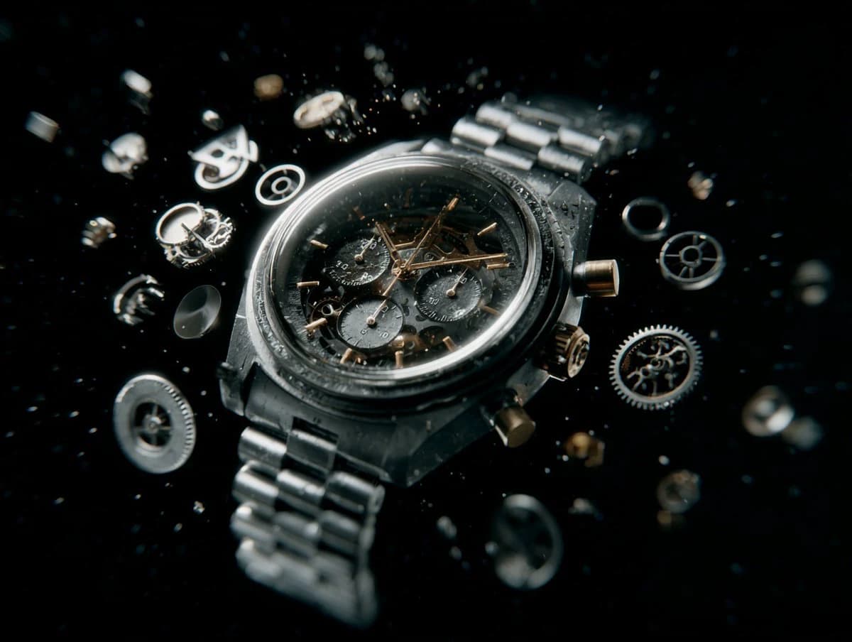 Cinematic product VFX ad showing product pieces suspended in midair during reverse assembly on a dark background